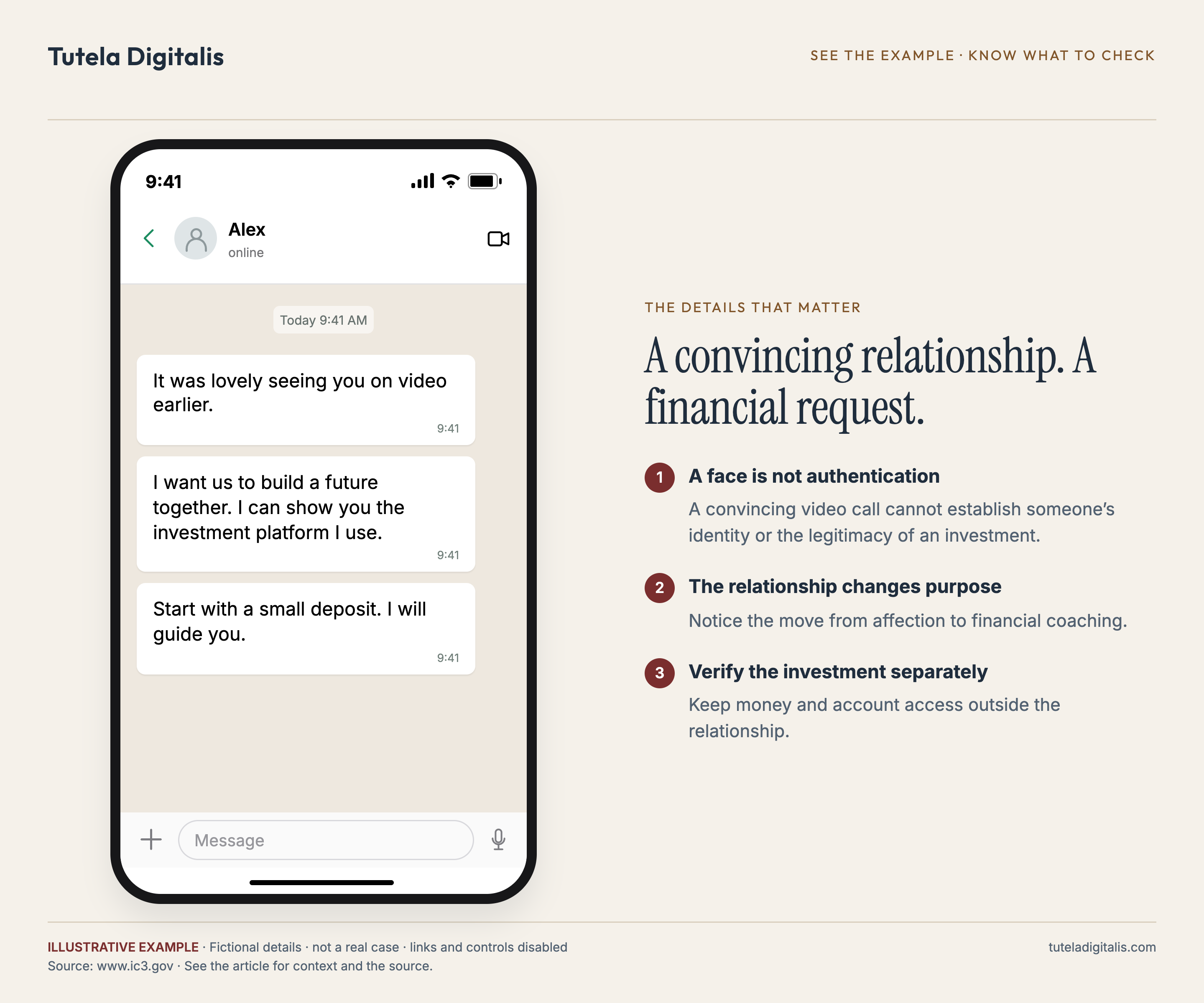 A convincing relationship. A financial request. Illustrative message: It was lovely seeing you on video earlier. I want us to build a future together. I can show you the investment platform I use. Start with a small deposit. I will guide you.