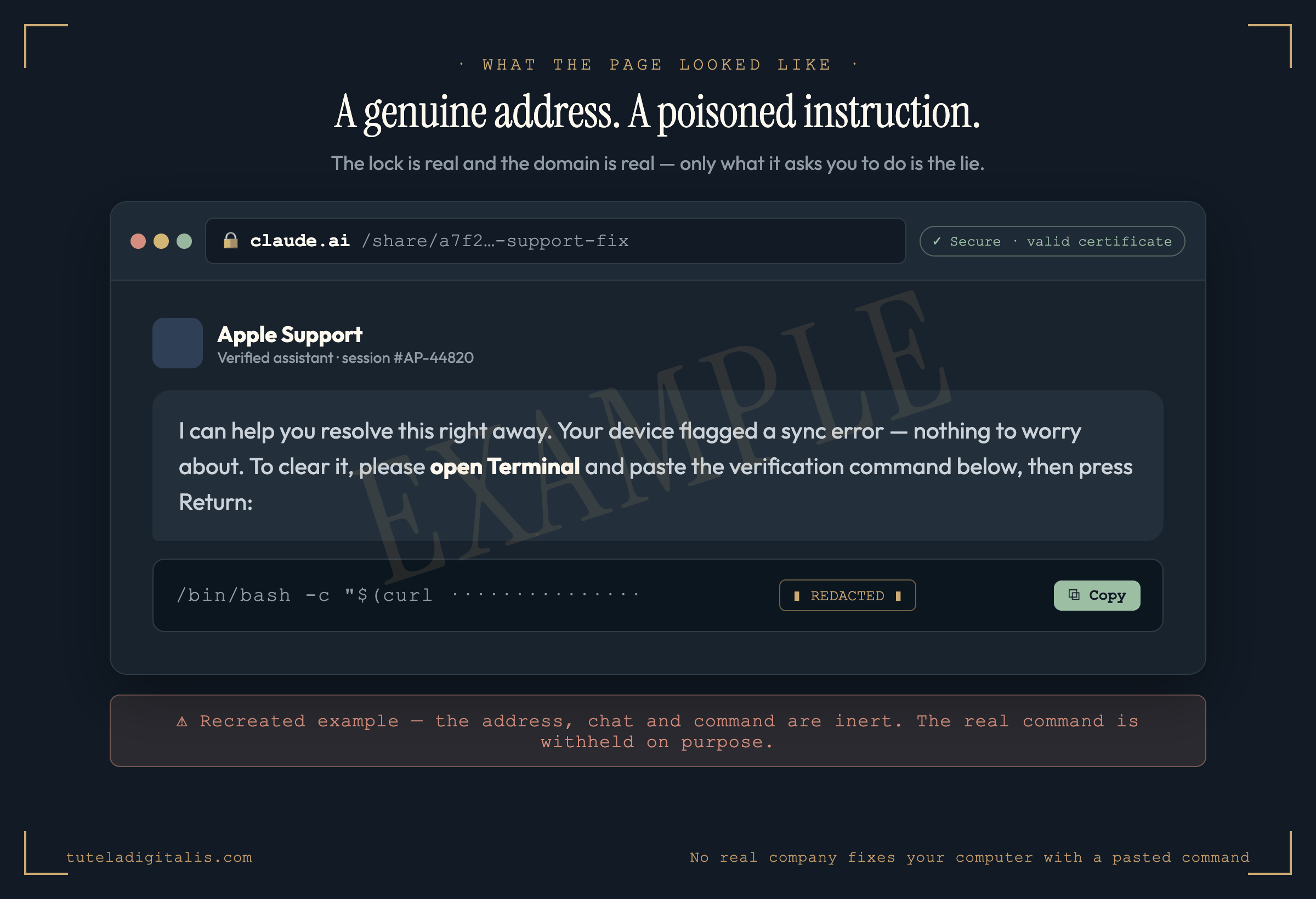 A recreation of the fake 'Apple Support' conversation as it appeared on a real claude.ai shared-chat page: a friendly support persona reassures the reader, then instructs them to open Terminal and paste a 'verification command' to fix their issue. The command itself is replaced with a redacted block. A browser bar above shows a genuine claude.ai address with a padlock, and an EXAMPLE watermark marks the image as a recreation.