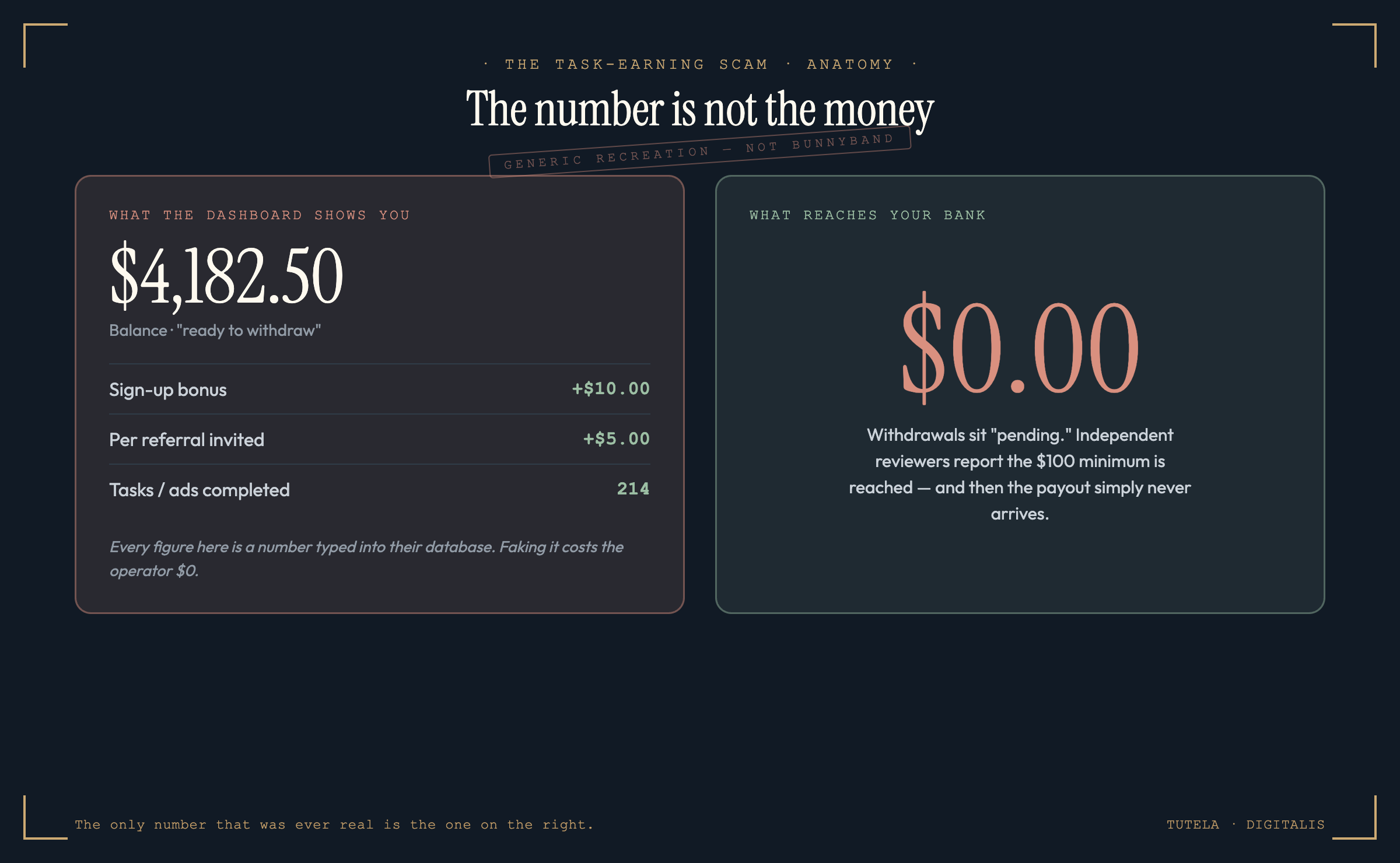 A generic recreation, labelled 'not Bunnyband', of a task-earning scam dashboard. On the left, a danger-red panel headed 'What the dashboard shows you' displays a $4,182.50 balance marked 'ready to withdraw', a +$10.00 sign-up bonus, +$5.00 per referral invited, and 214 tasks completed, with a note reading 'Every figure here is a number typed into their database. Faking it costs the operator $0.' On the right, a green panel headed 'What reaches your bank' shows a large $0.00, with the note that withdrawals sit 'pending' and the payout never arrives. A footer reads: the only number that was ever real is the one on the right.