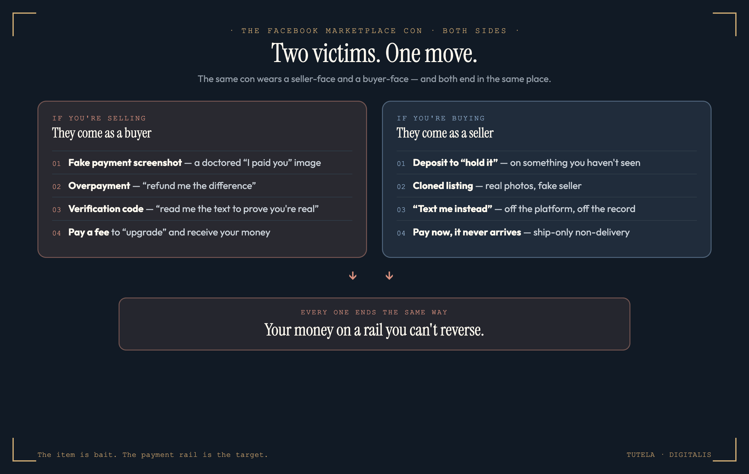 Diagram showing seller-side Facebook Marketplace scams (fake payment screenshot, overpayment, verification code, business-account fee) and buyer-side scams (deposit to hold, cloned listing, off-platform lure, non-delivery) both funnelling to a single move: getting you off the safe payment rail.