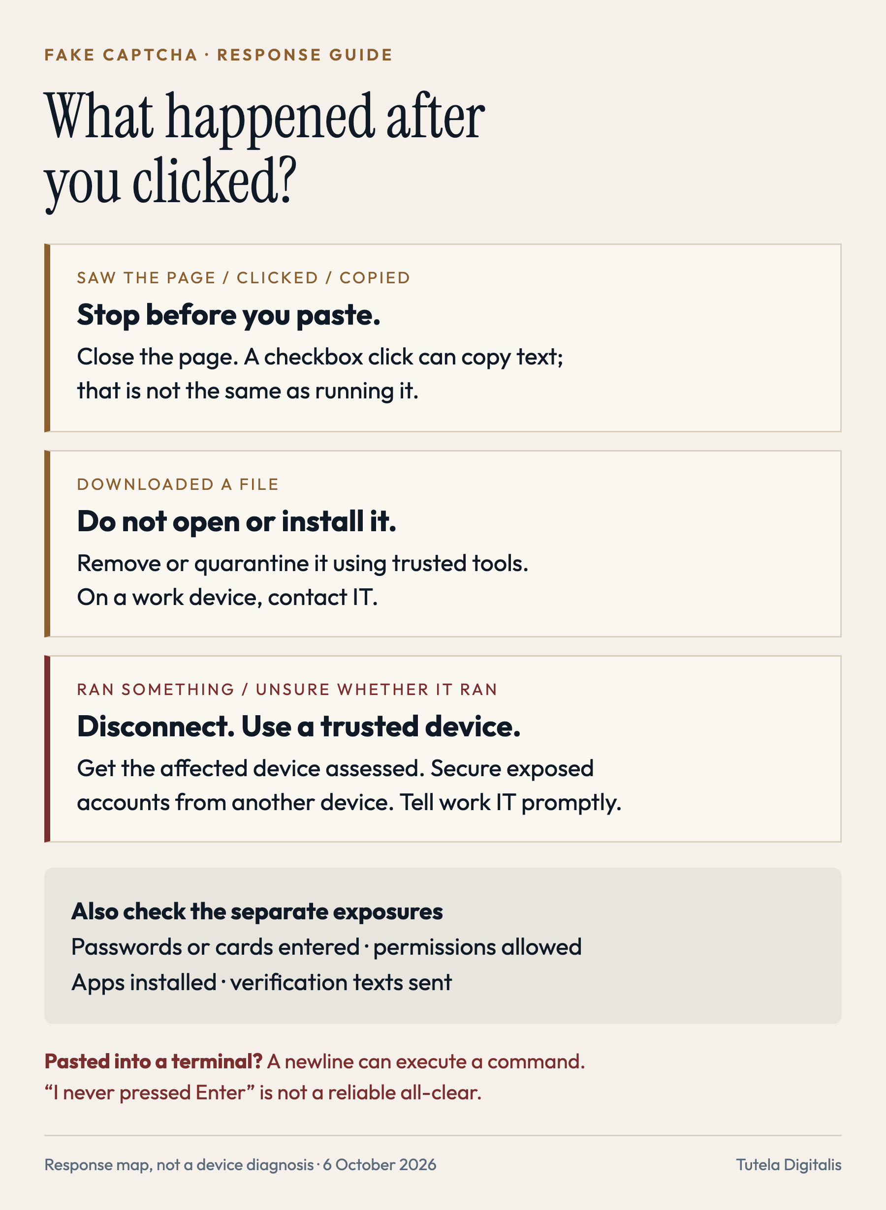 Response guide: seeing or copying is not the same as executing; do not open downloaded files; after execution or uncertainty, disconnect and secure accounts from a trusted device.