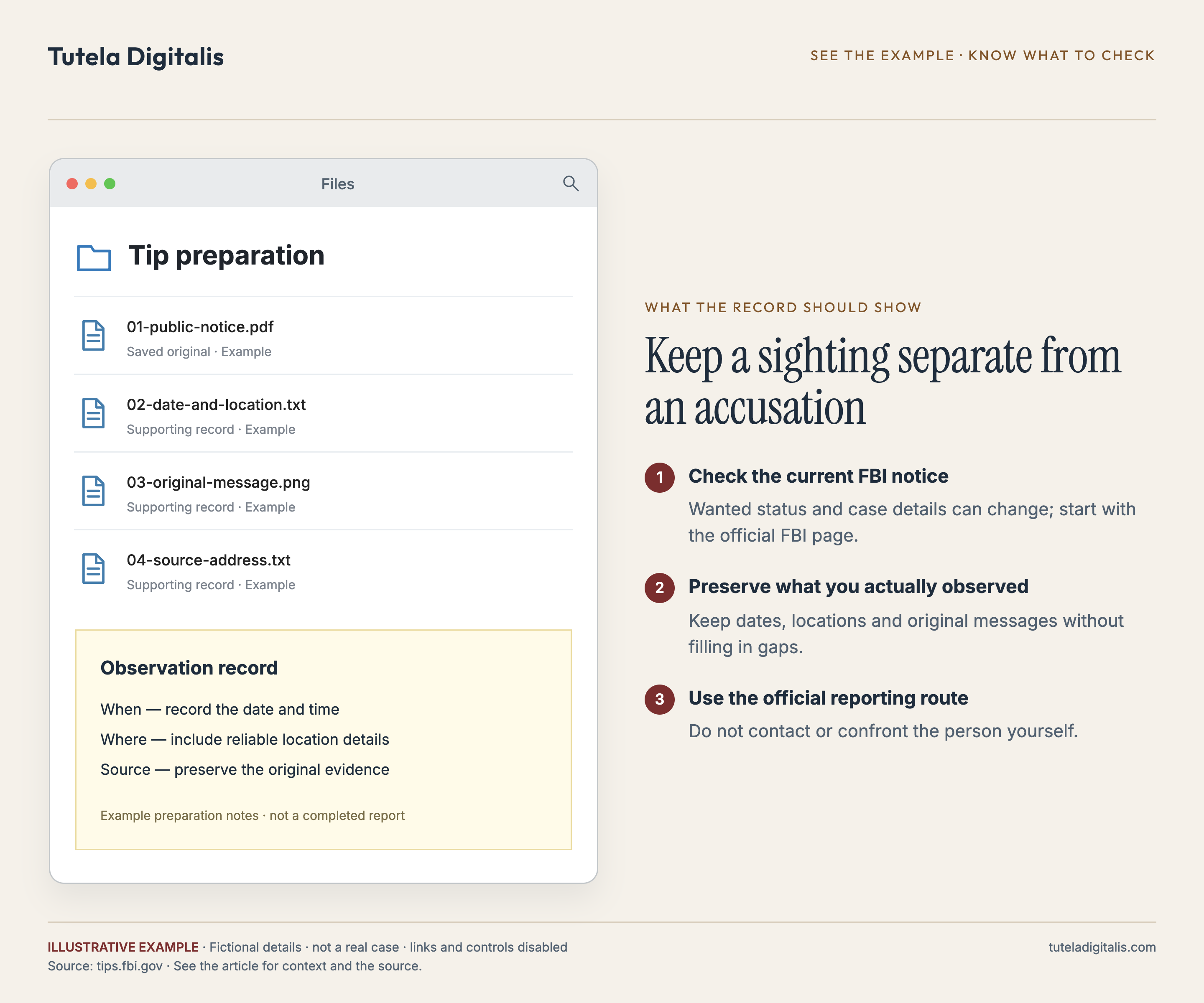 Keep a sighting separate from an accusation. Example folder containing 01-public-notice.pdf, 02-date-and-location.txt, 03-original-message.png, 04-source-address.txt. Fictional records.