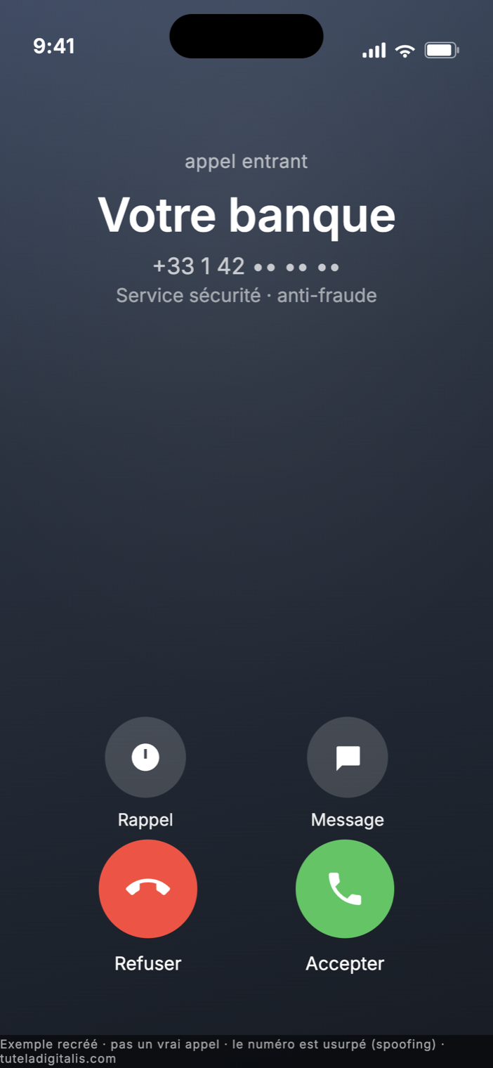 Recreated iPhone incoming-call screen showing a spoofed caller ID reading 'Votre banque — Service sécurité · anti-fraude' with a French phone number, the example used to illustrate the faux conseiller bancaire scam.
