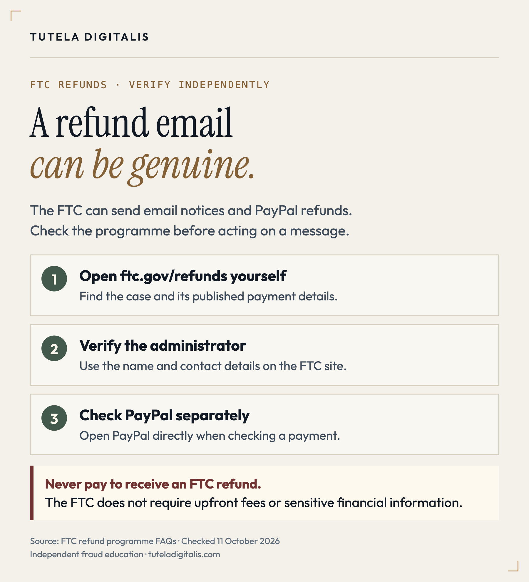 FTC refund verification steps: independently open ftc.gov/refunds, verify the administrator and check PayPal separately; never pay upfront or provide sensitive financial information to receive a refund.