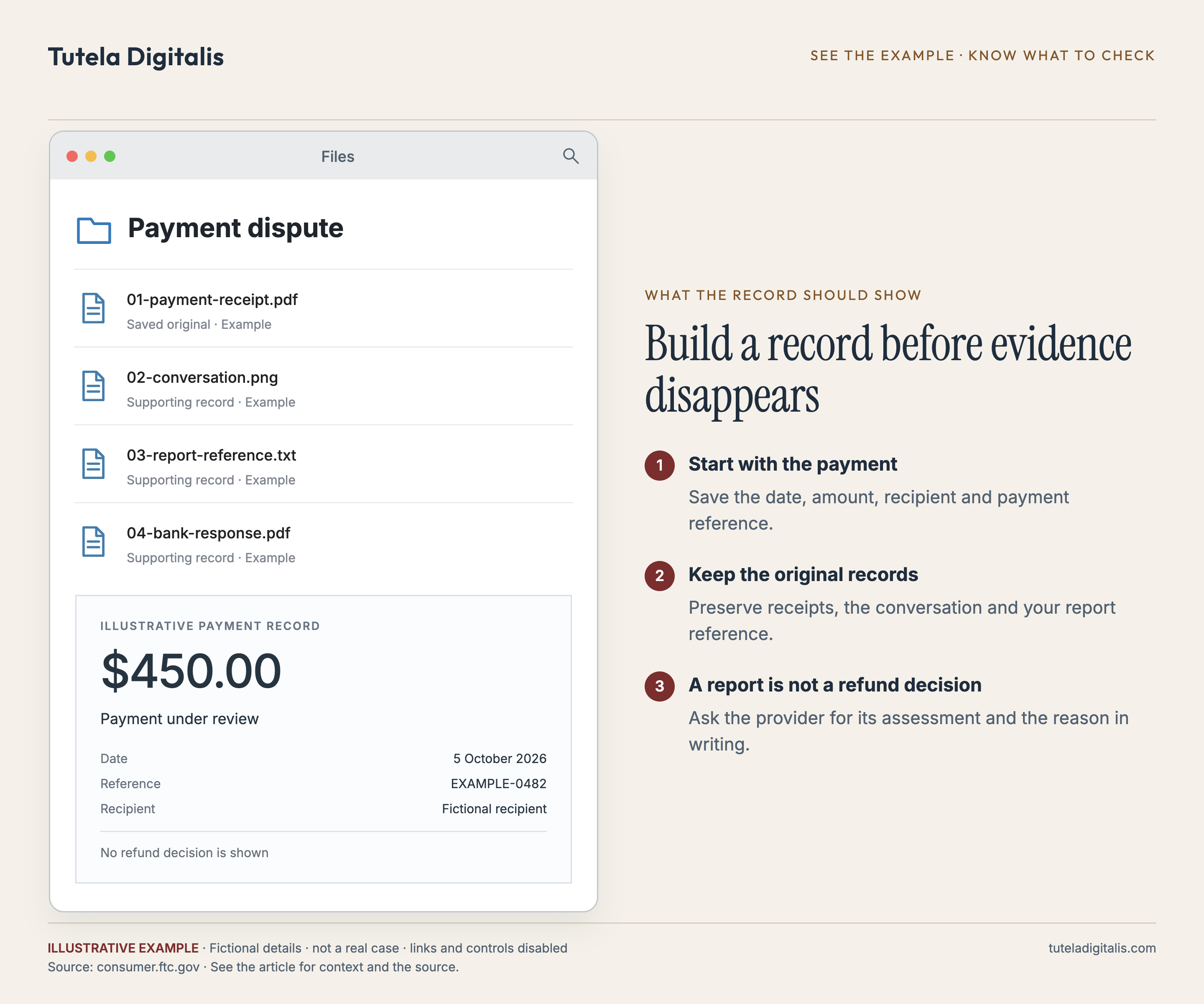 Build a record before evidence disappears. Example folder containing 01-payment-receipt.pdf, 02-conversation.png, 03-report-reference.txt, 04-bank-response.pdf. Fictional records.