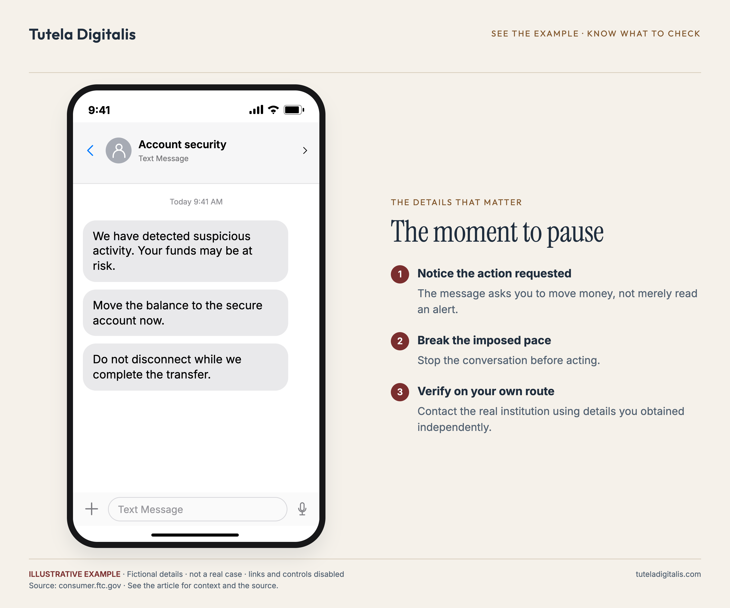 The moment to pause. Illustrative message: We have detected suspicious activity. Your funds may be at risk. Move the balance to the secure account now. Do not disconnect while we complete the transfer.