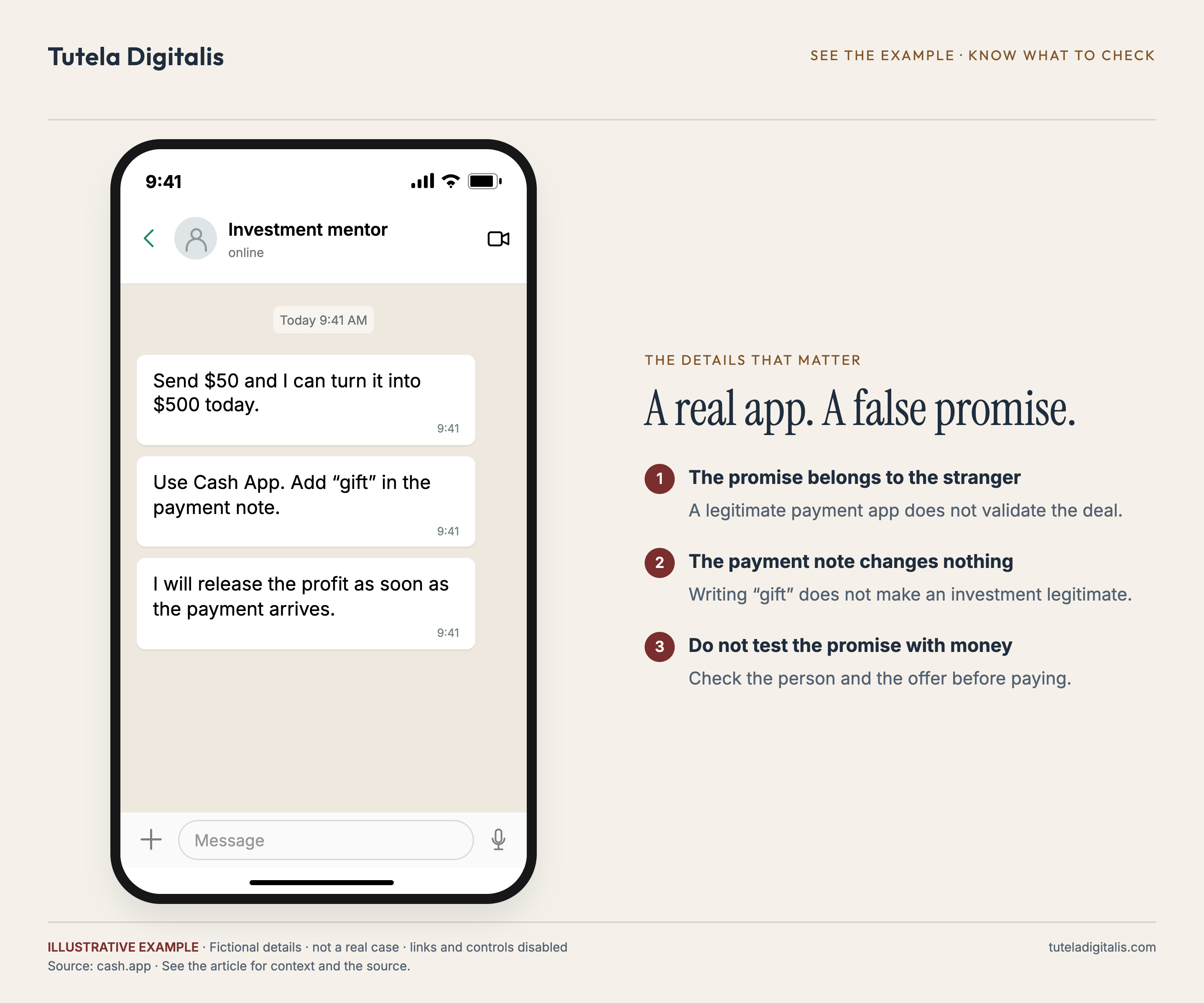 A real app. A false promise. Illustrative message: Send $50 and I can turn it into $500 today. Use Cash App. Add “gift” in the payment note. I will release the profit as soon as the payment arrives.