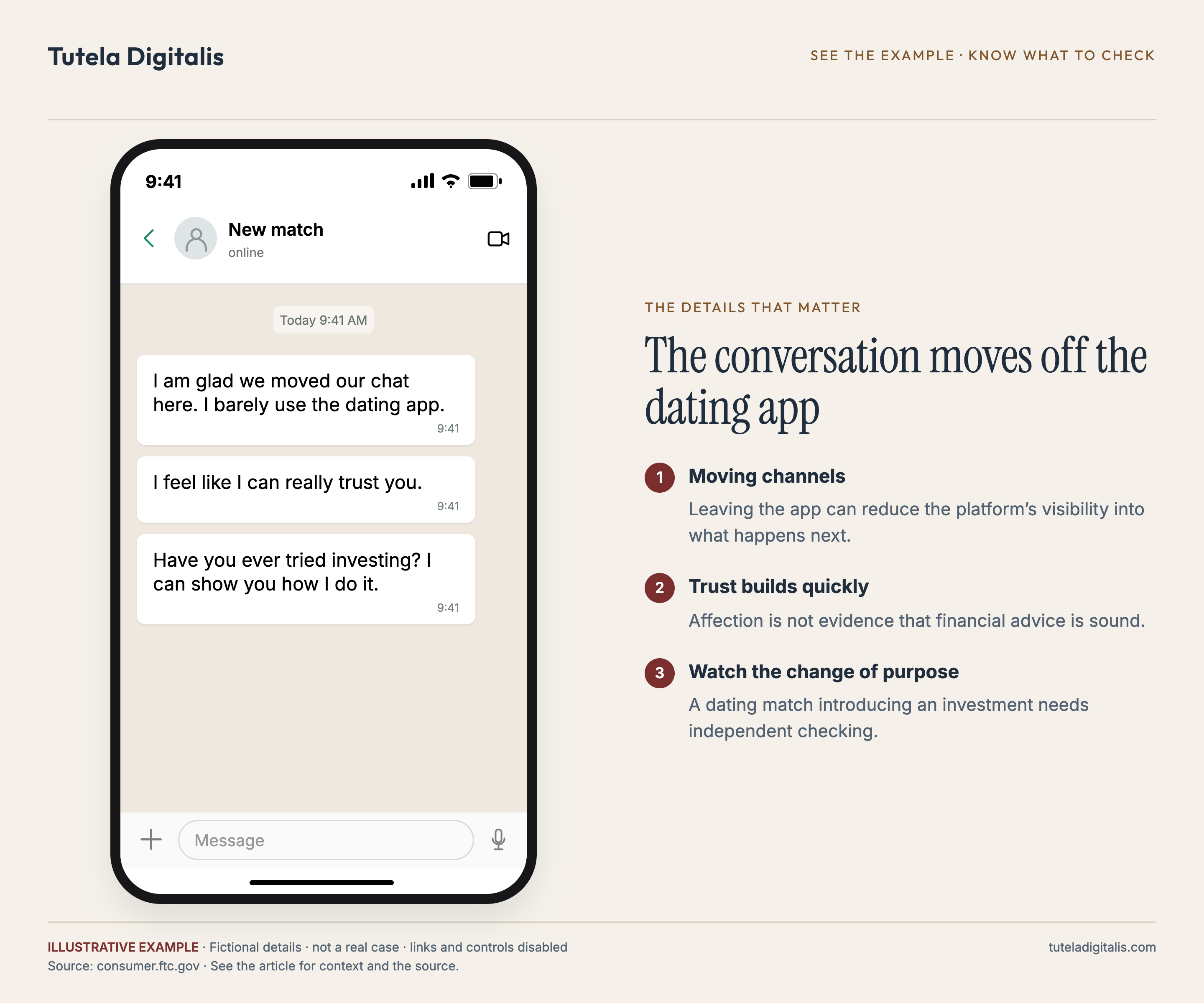 The conversation moves off the dating app. Illustrative message: I am glad we moved our chat here. I barely use the dating app. I feel like I can really trust you. Have you ever tried investing? I can show you how I do it.