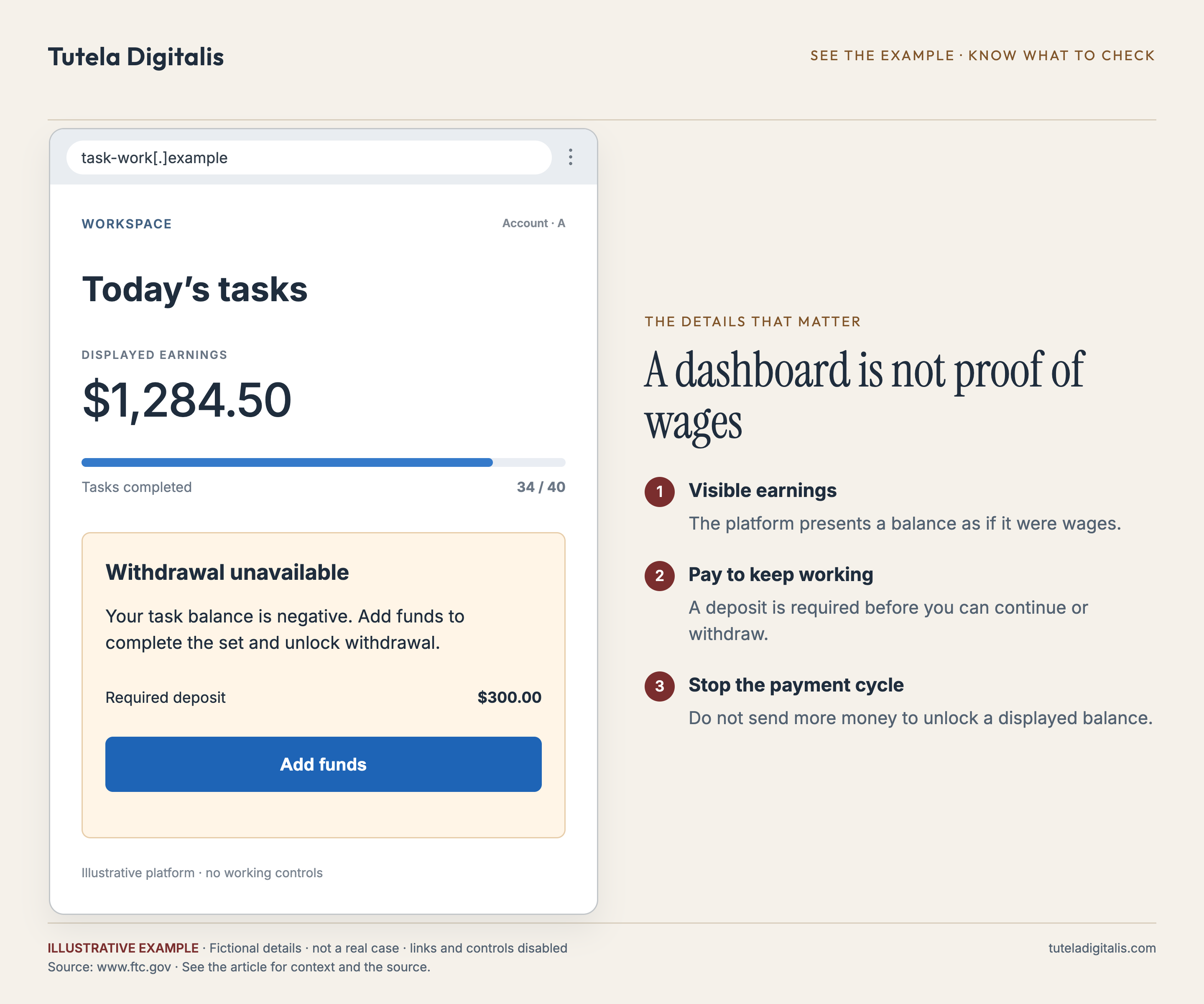 A dashboard is not proof of wages. Illustrative task-platform composite. All balances and amounts are fictional; displayed earnings are not proof that money can be withdrawn.
