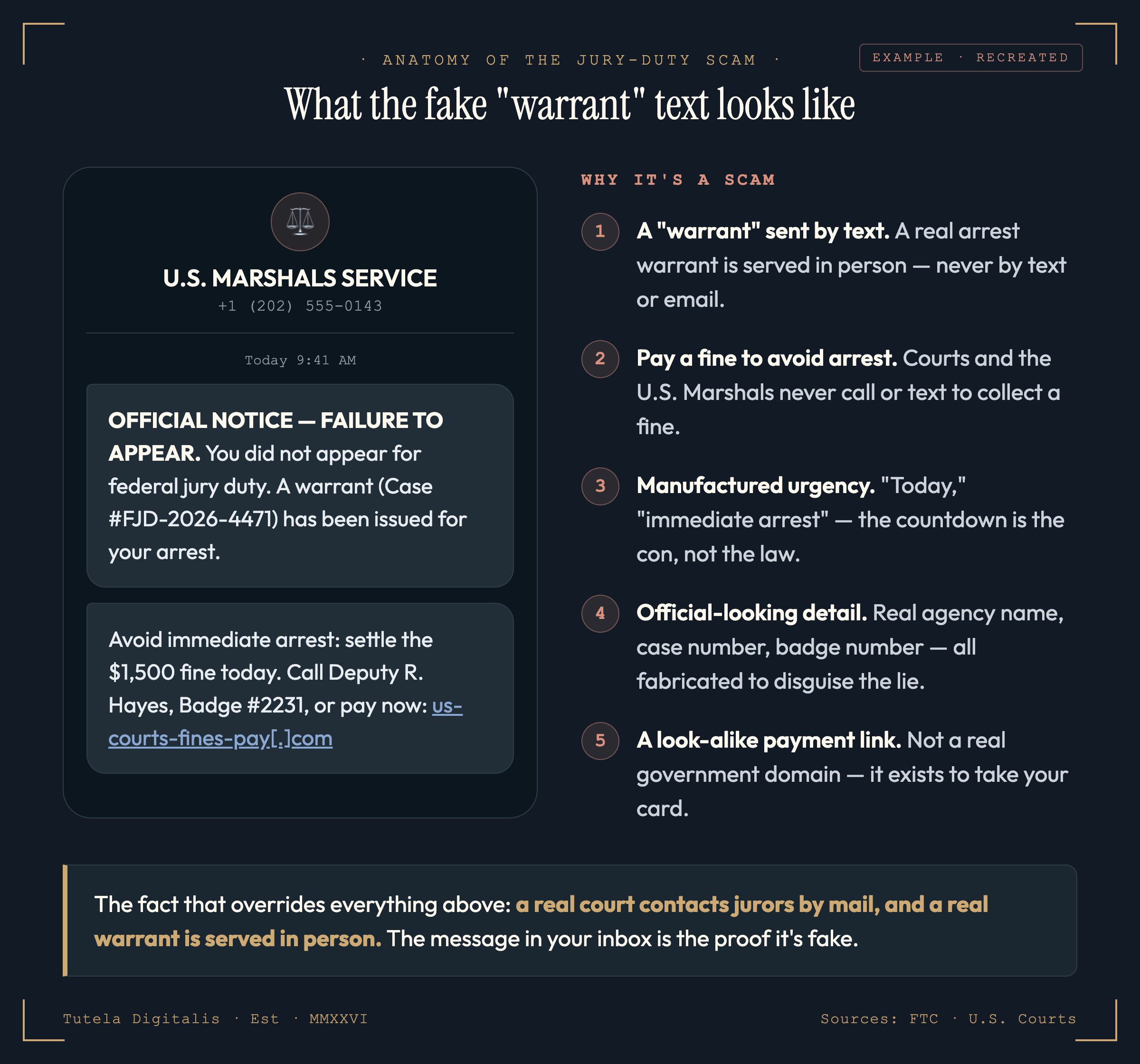 A recreated example of a jury-duty scam text message impersonating the U.S. Marshals Service. It states the recipient failed to appear for federal jury duty, that a warrant has been issued for their arrest, gives a case number and a fine amount, and tells them to call a number or pay immediately to avoid arrest. Red-flag callouts mark the threat of arrest, the demand for payment by gift card, the spoofed official sender, the urgency, and the fact that a real warrant is never sent by text.