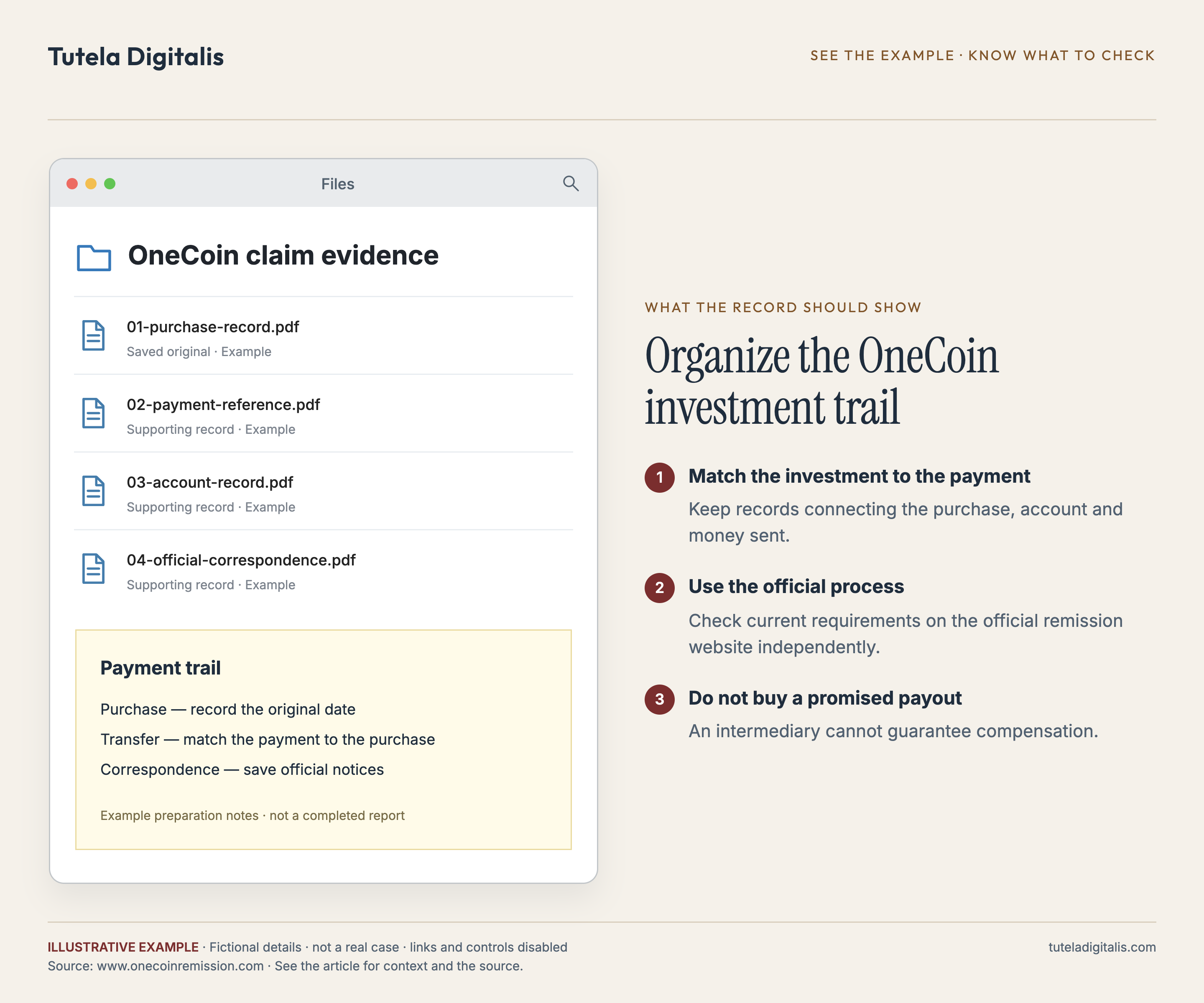 Organize the OneCoin investment trail. Example folder containing 01-purchase-record.pdf, 02-payment-reference.pdf, 03-account-record.pdf, 04-official-correspondence.pdf. Fictional records.