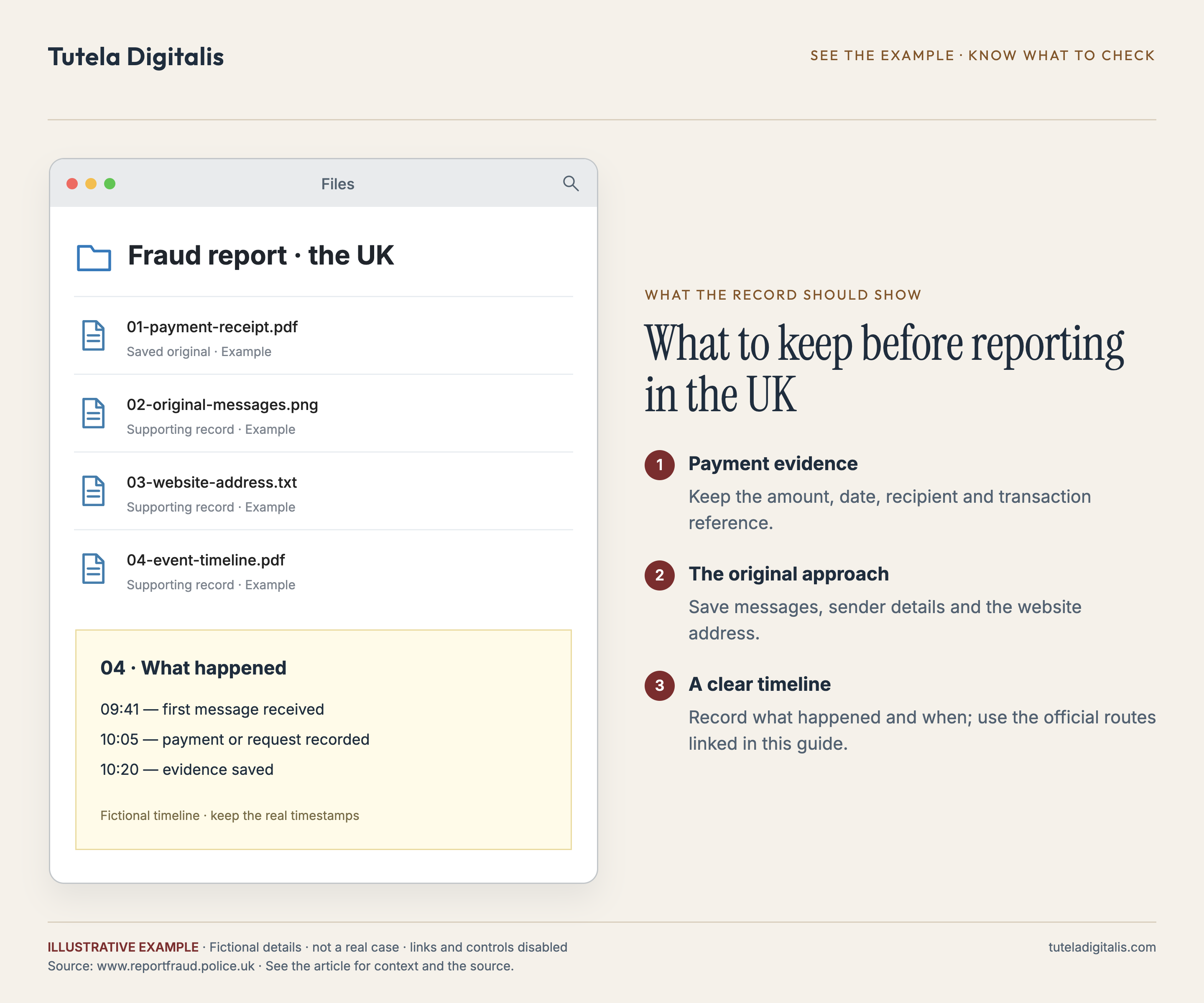 What to keep before reporting in the UK. Example folder containing 01-payment-receipt.pdf, 02-original-messages.png, 03-website-address.txt, 04-event-timeline.pdf. Fictional records.