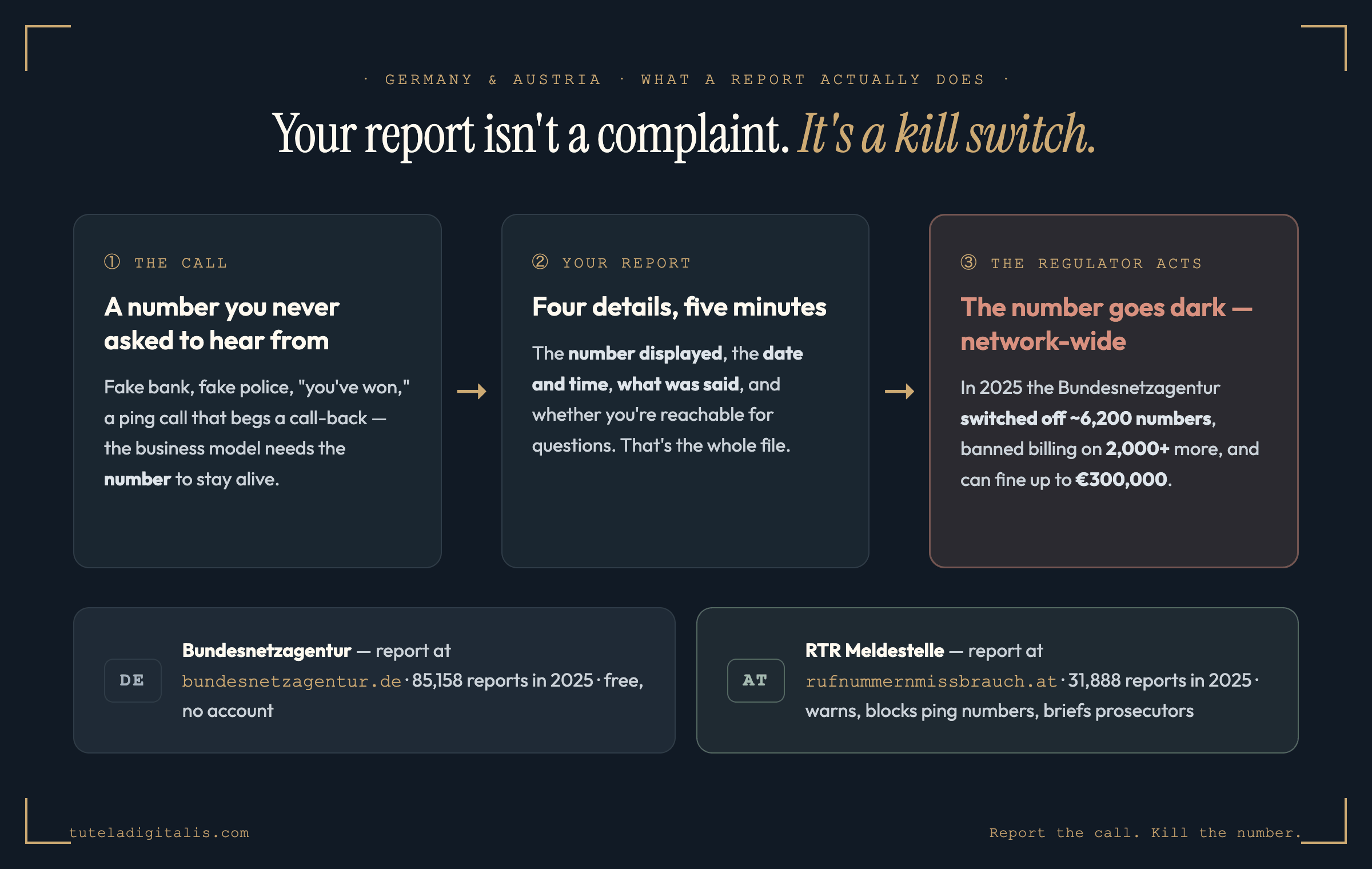 A three-stage pipeline diagram showing what reporting a spam or scam call in Germany and Austria actually does. Stage one: the unwanted call — fake bank, fake police, prize call, or ping call, a business model that needs its number to stay alive. Stage two: your report — four details, five minutes: the number displayed, the date and time, what was said, and your own number. Stage three, highlighted: the regulator acts — the Bundesnetzagentur switched off around 6,200 numbers in 2025, banned billing on more than 2,000, and can fine up to 300,000 euros. Below, two country cards: Germany — Bundesnetzagentur at bundesnetzagentur.de, 85,158 reports in 2025; Austria — RTR Meldestelle at rufnummernmissbrauch.at, 31,888 reports in 2025, warns the public and blocks ping-call numbers.