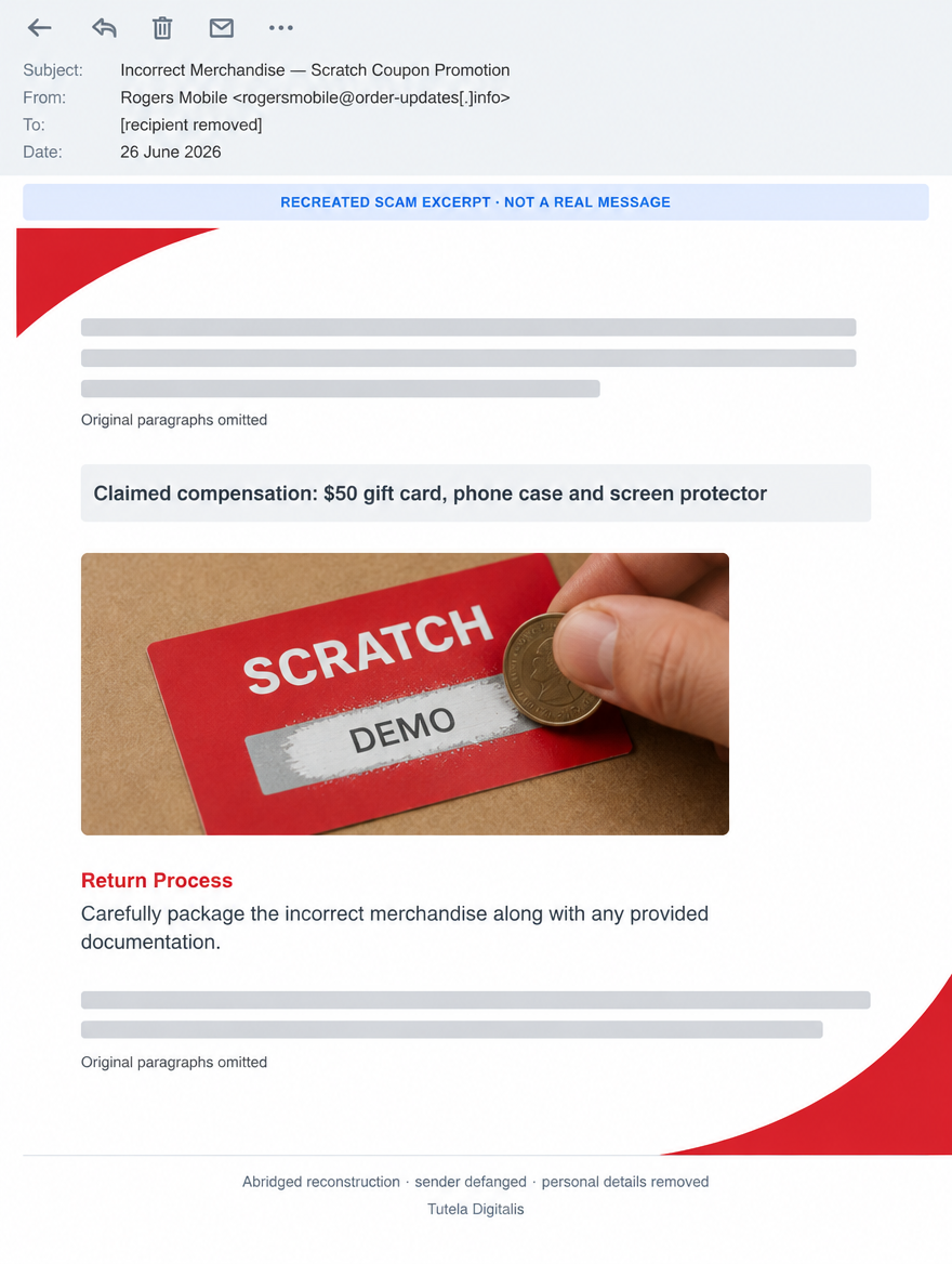 Recreated, abridged Rogers impersonation email: defanged non-provider sender, scratch-card compensation bait and a request to package the supposedly incorrect phone. Marked as a scam example.