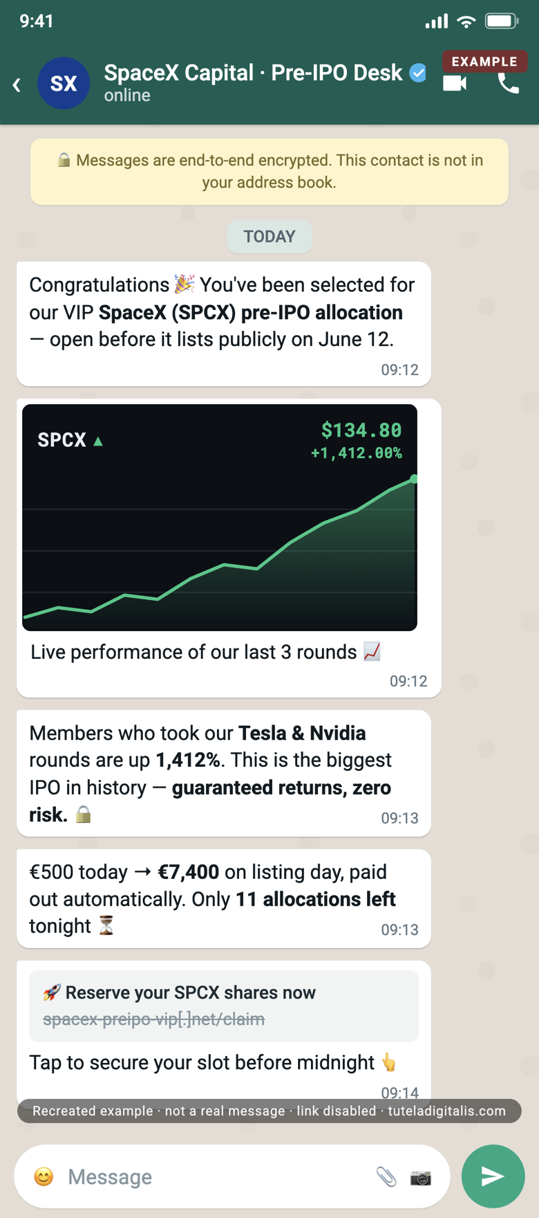 Recreated WhatsApp chat from a fake 'SpaceX Capital pre-IPO desk' showing a fabricated soaring SPCX chart up 1,412%, a message promising guaranteed returns and zero risk, false urgency about allocations left, and a disabled link — an example of the SpaceX pre-IPO investment scam.