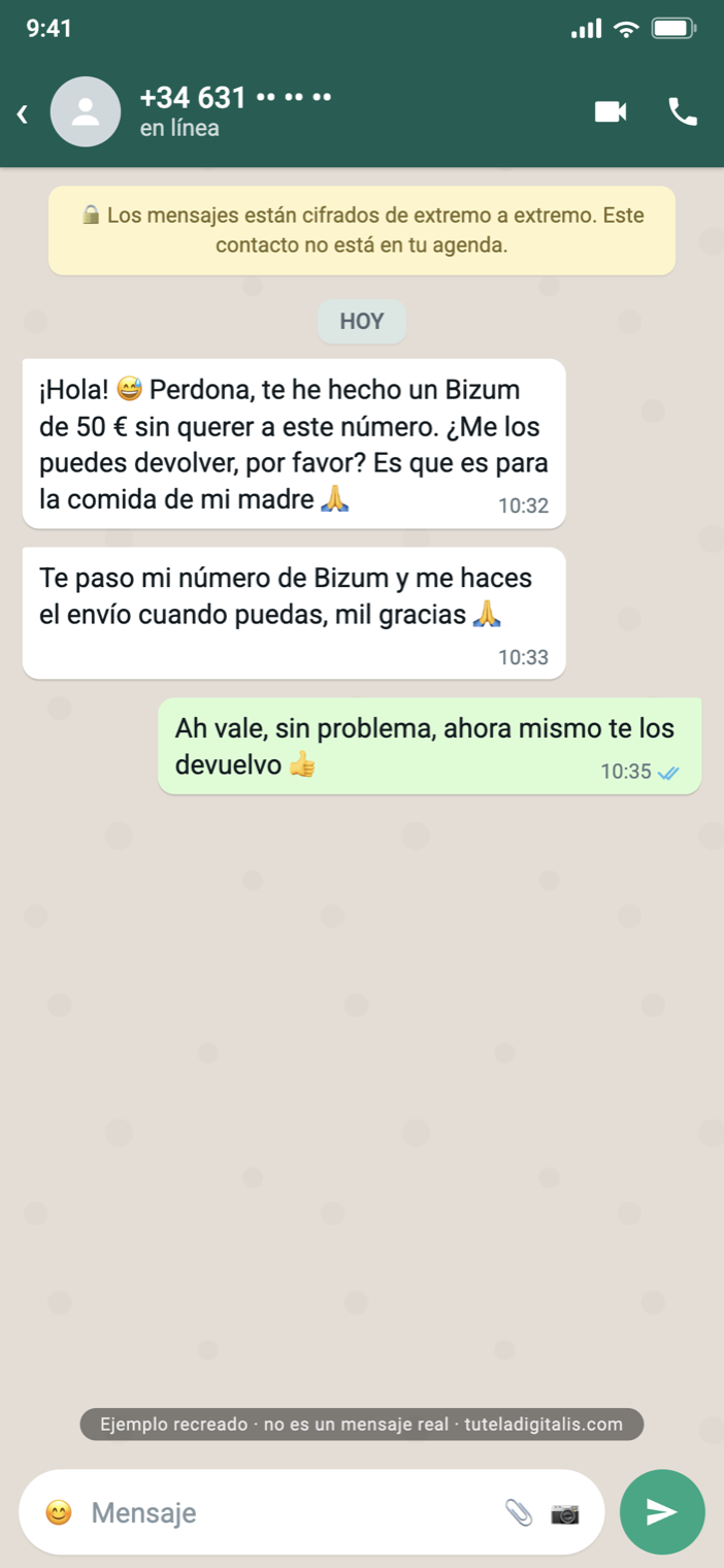 Recreated WhatsApp chat from an unknown Spanish number claiming to have sent a 50-euro Bizum by mistake and asking the victim to send it back, illustrating the accidental-Bizum scam.