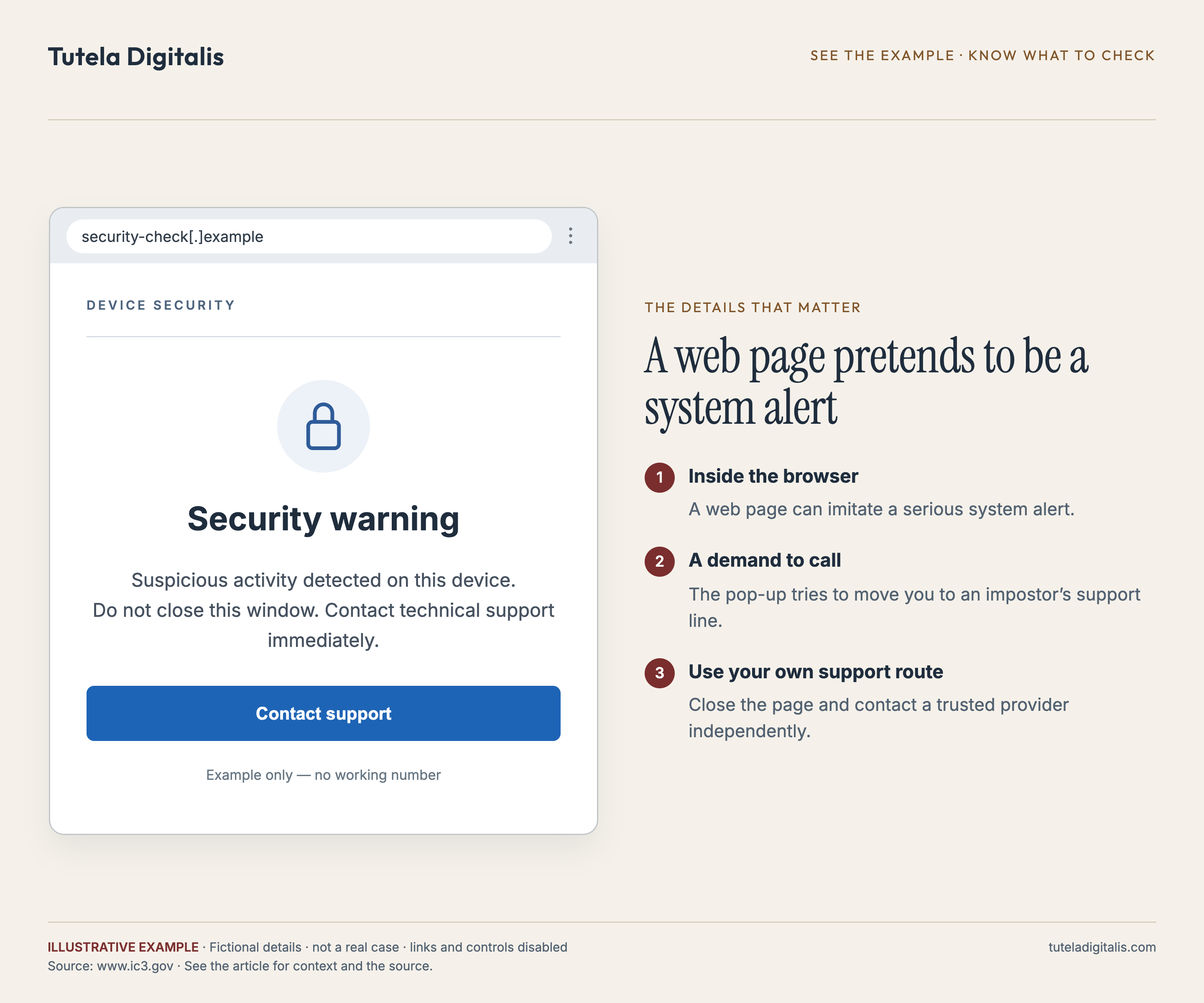 A web page pretends to be a system alert. Illustrative browser-based support scam, adapted from the FBI’s Phantom Hacker warning. This is a website, not a real operating-system warning.