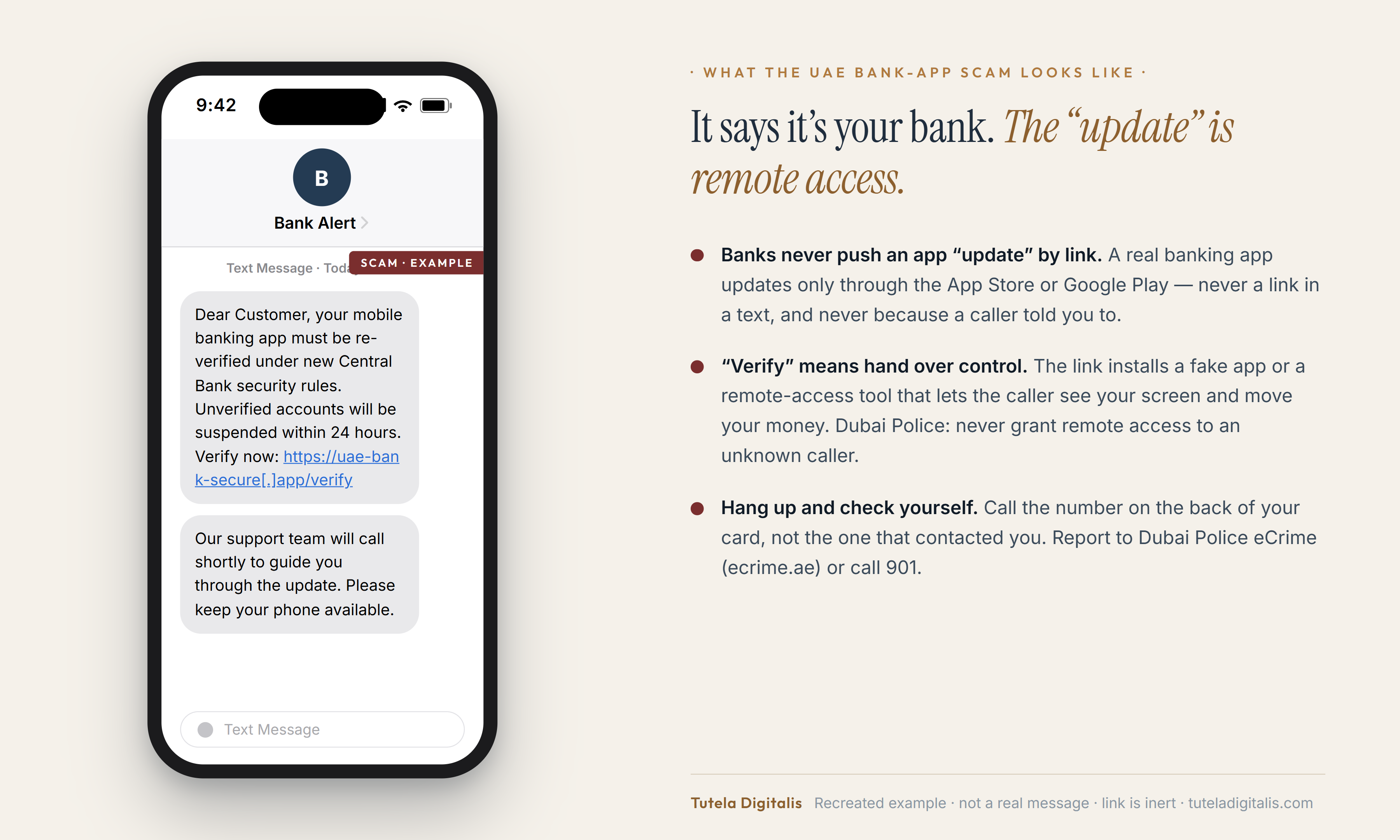 A recreated example of a fake UAE bank text message: a generic 'Bank Alert' sender claims the customer's mobile banking app must be re-verified under new Central Bank security rules within 24 hours, with a defanged lookalike link, followed by a second message saying a support agent will call to guide the update — shown beside red-flag tells that banks never push app updates by link, that 'verify' means handing over remote access, and to hang up and call the number on your card.