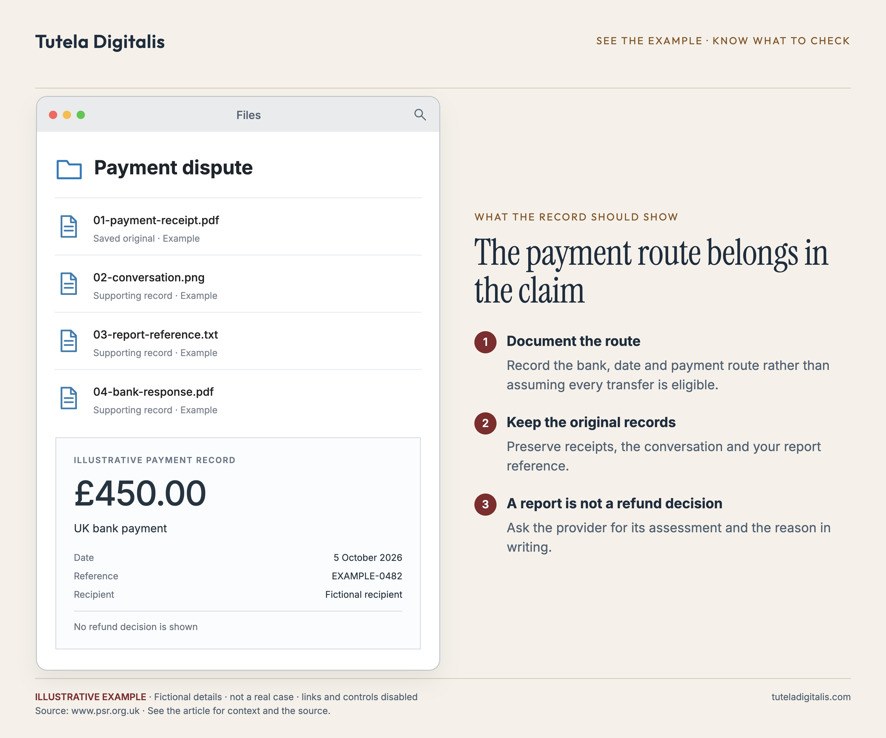 The payment route belongs in the claim. Example folder containing 01-payment-receipt.pdf, 02-conversation.png, 03-report-reference.txt, 04-bank-response.pdf. Fictional records.