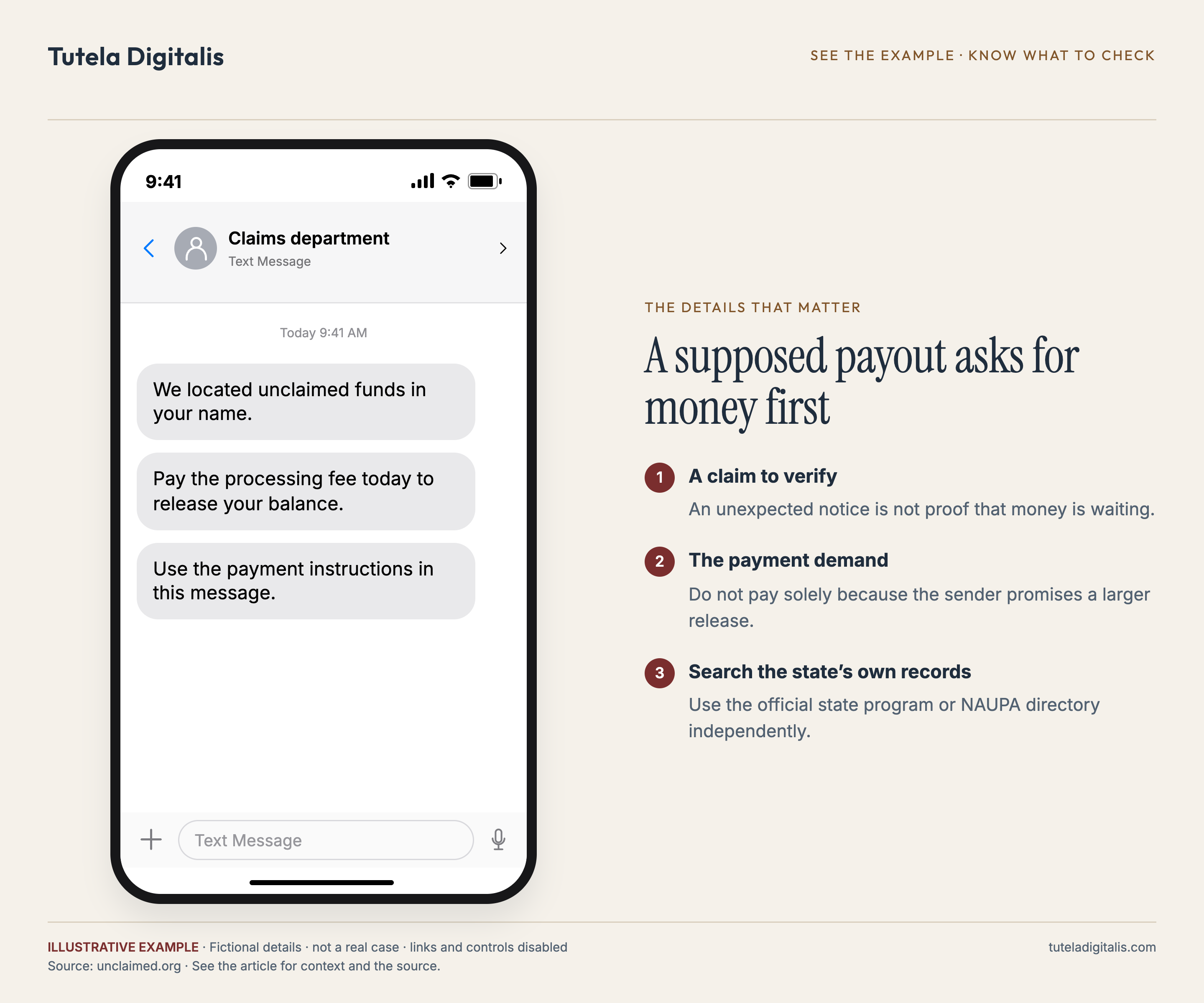 A supposed payout asks for money first. Illustrative message: We located unclaimed funds in your name. Pay the processing fee today to release your balance. Use the payment instructions in this message.
