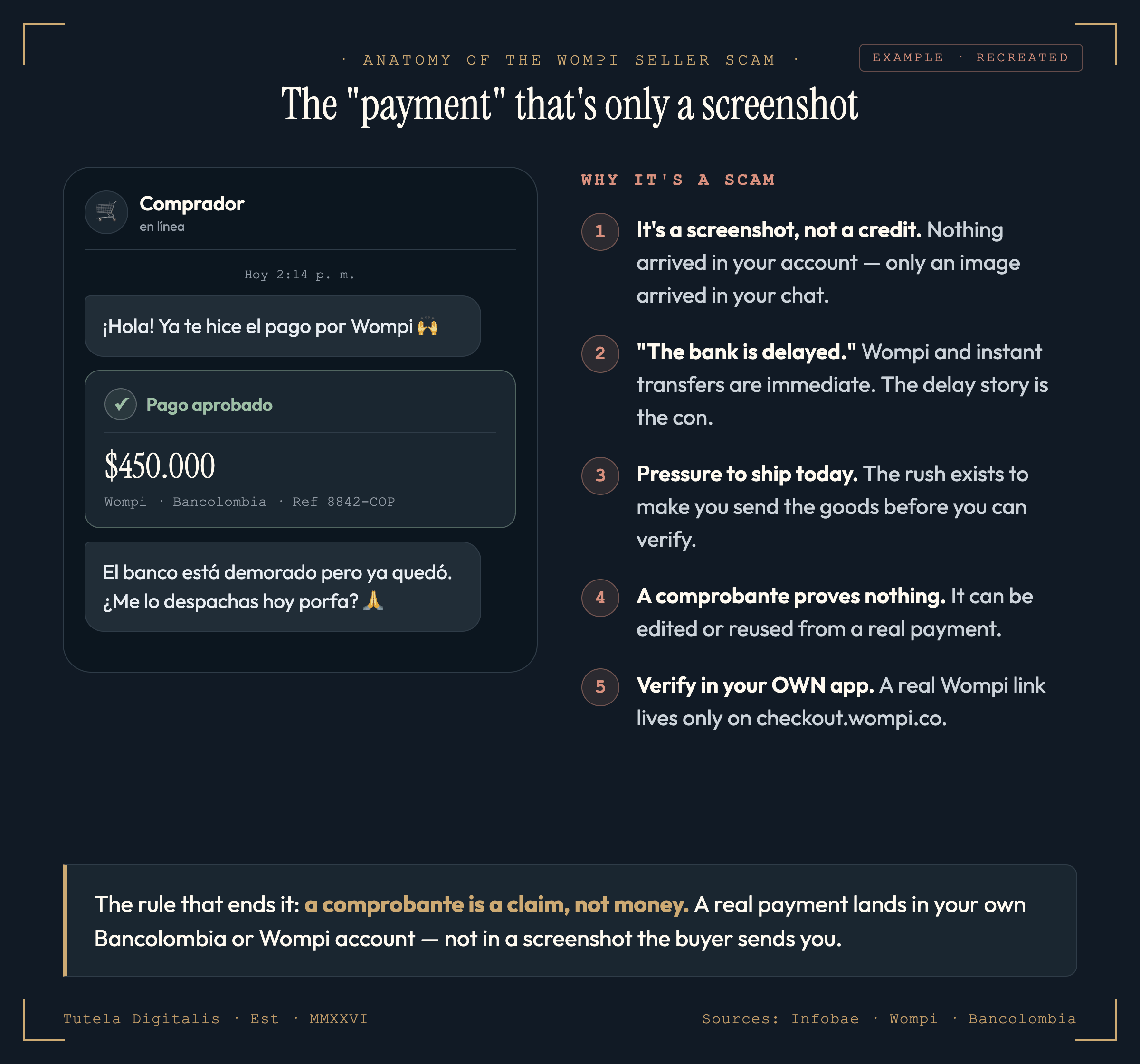 A recreated example of a fake Wompi/Bancolombia payment-confirmation message a scammer sends to a seller over chat. The buyer says they have already paid and sends a screenshot of a 'comprobante de pago' showing an approved transfer, then urges the seller to ship today because 'the bank is just delayed.' Red-flag callouts mark that it is only a screenshot not a real credit, the 'bank delayed, ship now' pressure, the rush to dispatch before the money clears, and the reminder to verify in your own account.